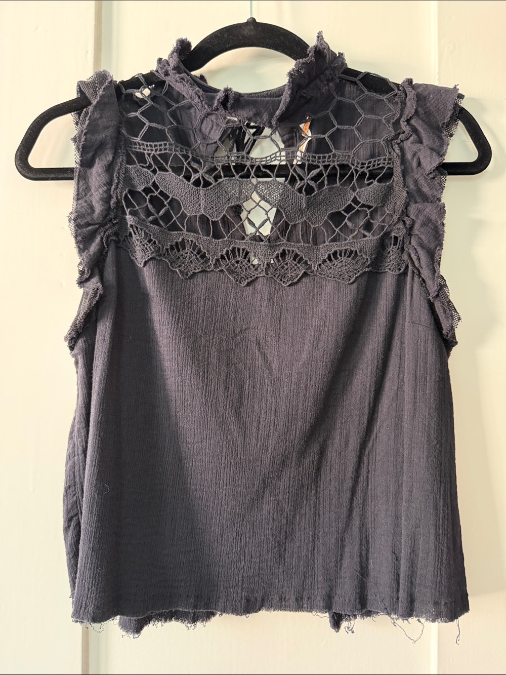 Free People black Crochet Yoke Sleeveless Top 100% cotton Small
